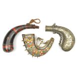 3 small assorted priming flasks. Comprising an Assam Naga horn 12cms with geometric pewter inlay and