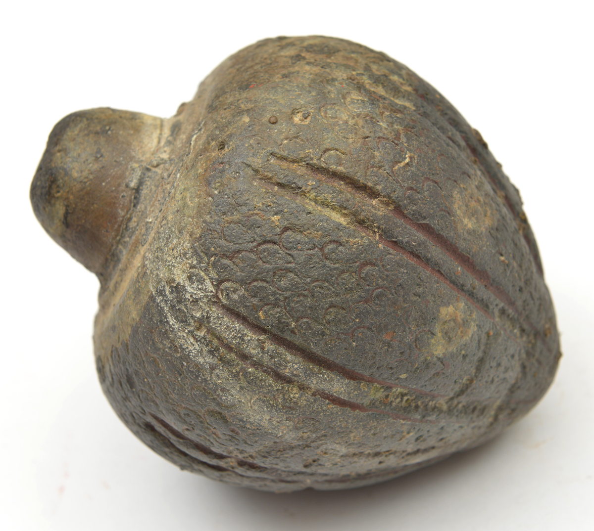 A dark grey-coloured pottery fire grenade. Probably 13th or 14th century11.5cms, of conventional - Image 3 of 3