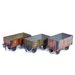 3 Carette for Bassett-Lowke Gauge One tinplate open wagons. Caledonian Railway, Great Eastern and