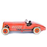 A 1930's Mettoy tinplate clockwork racing car. In the style of a Maserati two seater, in red and