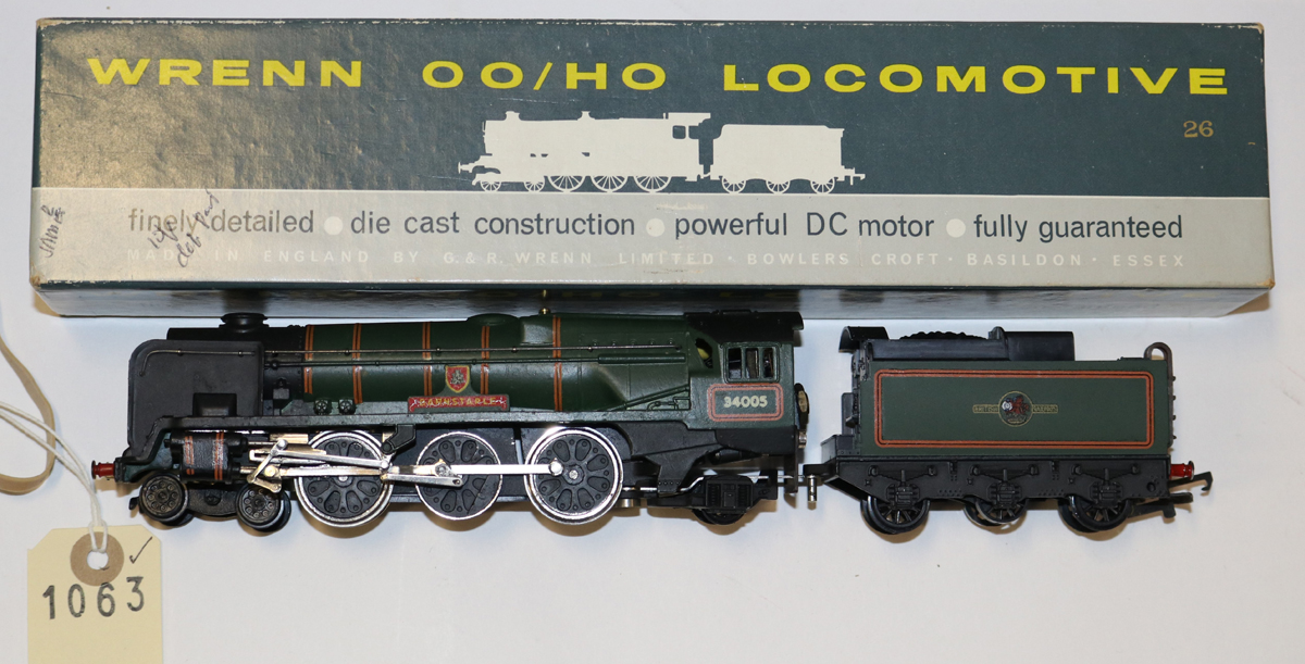 A Wrenn OO gauge BR Re-built West Country Class 4-6-2 locomotive. Barnstaple 34005, in lined dark