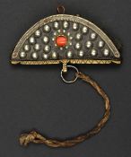 A Chinese or Tibetan leather tinder purse chuck muck. Early 20th century,12cms, of half-moon