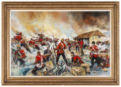 An oil painting on canvas “Rorke’s Drift on Fire” by Jason Askew, showing the scene inside the