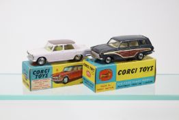 2 Corgi Toys Fiat 2100 (232). In pale pink with mauve roof, yellow interior, spun wheels and black