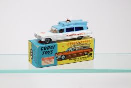 Corgi Toys Superior Ambulance on Cadillac Chassis (437). 2nd type in light blue and white with red