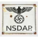 A rectangular black on white enamelled wall plaque, 20” x 20”, bearing Third Reich eagle and