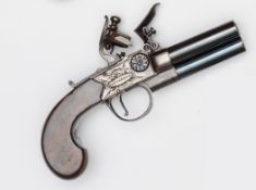 A scarce 3 barrelled 150 bore tap action flintlock boxlock pocket pistol, by Whalley,
