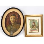 An amateur painted portrait on oval card of the WW1 flying ace Max Immelmann, in uniform and wearing