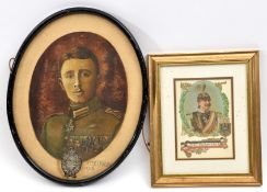 An amateur painted portrait on oval card of the WW1 flying ace Max Immelmann, in uniform and wearing