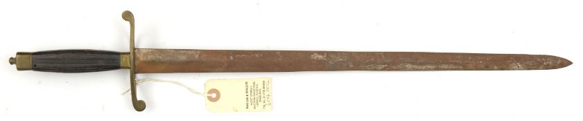 A plain naval type large dirk, or small sidearm, DE blade 18”, brass mounted hilt with flattened S