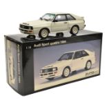 A 1:18 Autoart Audi Sport Quattro 1984. An example in white with black interior and white wheels.