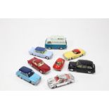 8 Corgi Toys. Renault Floride in maroon with pale yellow interior. Thames Airborne Caravan in two