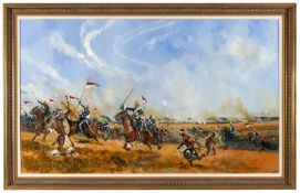 A large oil painting on canvas “After the Battle: 17th Lancers at Ulundi” by Jason Askew, showing