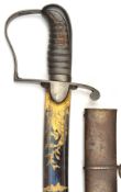 A 1796 pattern light cavalry officer’s sword, broad, curved, shallow fullererd blade 32½”, etched