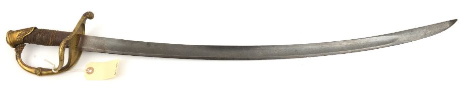 A composite French sword, curved, shallow fullered blade 28” (tip AF), with maker’s initials “...