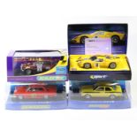 4 2000's issue Scalextric slot racing cars. Ford Cortina GT (C3023) in red. Ford GT40 Mk.II Le