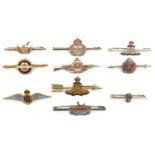 8 sweetheart tie pins, mostly enamelled: “silver” RN, RA plain, badge on arrow, and gilt and