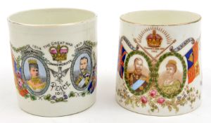 2 Commemorative mugs: Coronation 1911, King & Queen with 3 masted “Battleship George I” and “