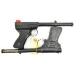 A Milbro Model 2 pop out air pistol, with black plastic butt and frame, and original plastic