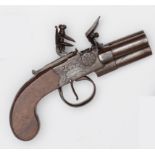 A scarce 3 barrelled 150 bore tap action flintlock boxlock pocket pistol by J. H. Bolton, London,