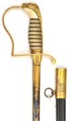 An 1803 Royal Naval officer’s sword, slender straight, fullered blade 28", etched and blued and gilt