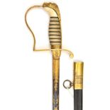 An 1803 Royal Naval officer’s sword, slender straight, fullered blade 28", etched and blued and gilt