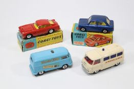 4 Corgi Toys. Aston Martin D.B.4 (218) in red with yellow interior, with smooth wheels. A Hillman