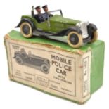 A 1930s Britains Mobile Police Car (Set 1413). Car with a green body, white tyres and black wings,