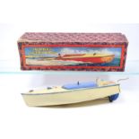 A Hornby Meccano Speed Boat (2). Racer II, in cream and blue. Boxed some damage, splits to lid and