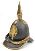 An 1842 pattern Swedish infantry officer’s helmet, black patent leather skull and peaks, brass (