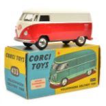 Corgi Toys Volkswagen Delivery Van (433). In red and white, with yellow interior, spun wheels and
