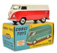 Corgi Toys Volkswagen Delivery Van (433). In red and white, with yellow interior, spun wheels and