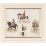 A watercolour painting by Richard Simkin showing 4 Household Cavalry Bandsmen in full dress, each