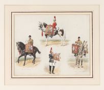 A watercolour painting by Richard Simkin showing 4 Household Cavalry Bandsmen in full dress, each