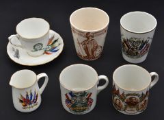 6 pieces of WWI commemorative china: Chelson China teacup and saucer, each with flags of the