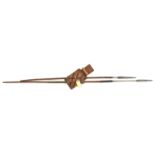 A Zulu throwing spear, slender leaf shaped blade on long stem, 16”, with binding onto darkwood haft,