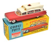 Corgi Toys Superior Ambulance on Cadillac Chassis (437). In red and cream livery, red light to roof,