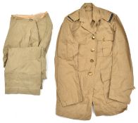 A WWII 4 pocket jacket “Frocks, Khaki Drill, Warrant Officers” label inside d 1942, RAF buttons, F/