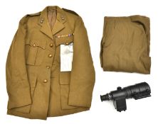 A WWII R Artillery officers No 1 khaki tunic, medal ribbons WWII etc, and pair overalls; London