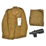 A WWII R Artillery officers No 1 khaki tunic, medal ribbons WWII etc, and pair overalls; London