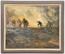 2 applied oil paintings: British infantrymen on a ridge silhouetted by the inferno beyond; and 2
