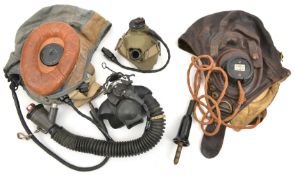 An RAF Type C leather flying helmet, with earphones AM10A, and oxygen mask; and a grey linen 22c