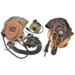 An RAF Type C leather flying helmet, with earphones AM10A, and oxygen mask; and a grey linen 22c