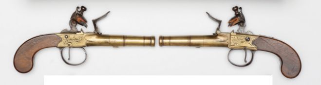 A pair of brass cannon barrelled and brass framed flintlock boxlock pocket pistols by Ketland &