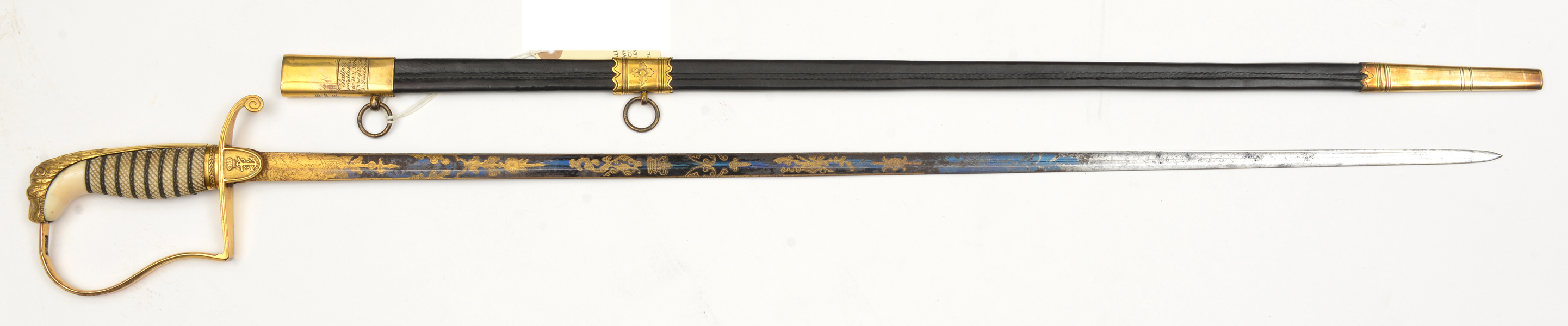 An 1803 Royal Naval officer’s sword, slender straight, fullered blade 28", etched and blued and gilt - Image 2 of 2