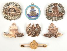 A 9ct Geo V R Engineers sweetheart tie pin; 6 brooches: RA as for cap “Silver” gilt by “A. Bros” and