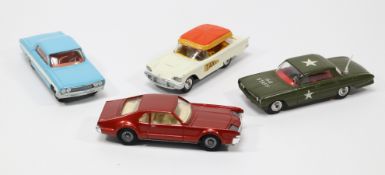 4 Corgi Toys American Cars. Oldsmobile Super 88 in light blue with white flashes, with red interior.