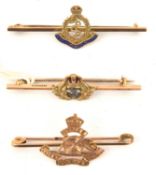 3 9ct gold sweetheart tie pins R Navy, R Artillery and RAMC. GC