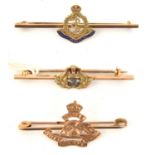 3 9ct gold sweetheart tie pins R Navy, R Artillery and RAMC. GC