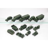 12 well restored Dinky Military. Austin Water Tanker, US Army Jeep, Army 1-Ton Cargo Truck, Light